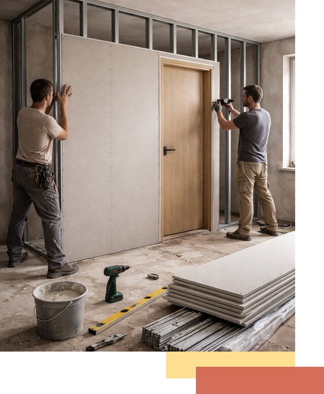 Перегородка из гипсокартона с дверью под ключ в Киржаче