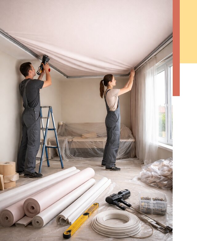 Монтаж цветного натяжного потолка в Киржаче от 4330 руб/м² — быстро и недорого | ОТДЕЛОЧНИК-Крж