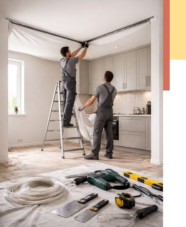 Установка натяжного потолка на кухне в Киржаче от 2474 руб. | ОТДЕЛОЧНИК-Крж