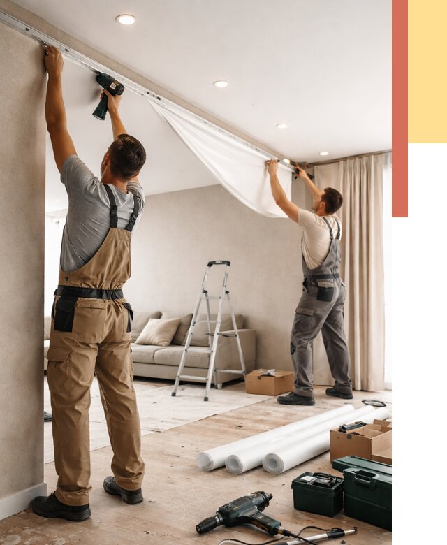 Монтаж натяжного потолка в гостиной в Киржаче от 567 руб. | ОТДЕЛОЧНИК-Крж