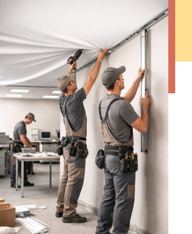 Монтаж натяжного потолка в офисе в Киржаче от 464 руб/м² — быстро и недорого | ОТДЕЛОЧНИК-Крж