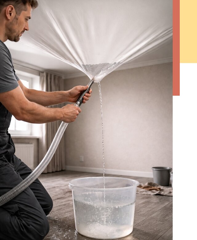 Слив воды с натяжного потолка в Киржаче от 2578 руб. быстро и недорого | ОТДЕЛОЧНИК-Крж