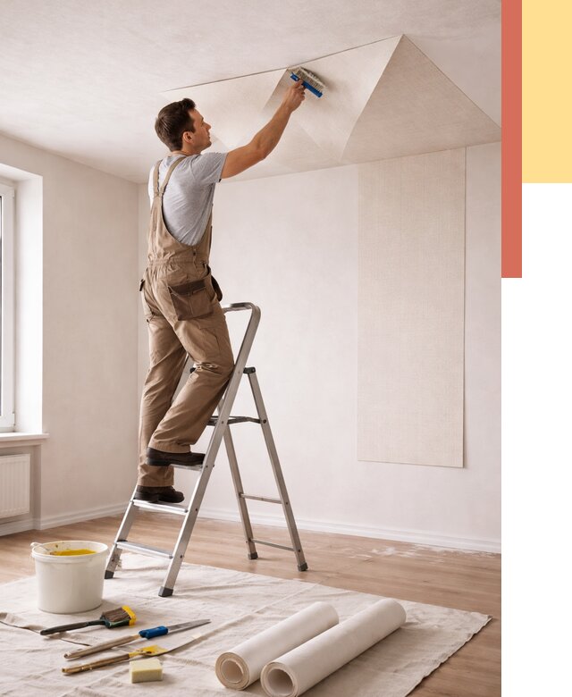 Поклейка обоев на потолок в Киржаче от 4640 руб. быстро и недорого | ОТДЕЛОЧНИК-Крж